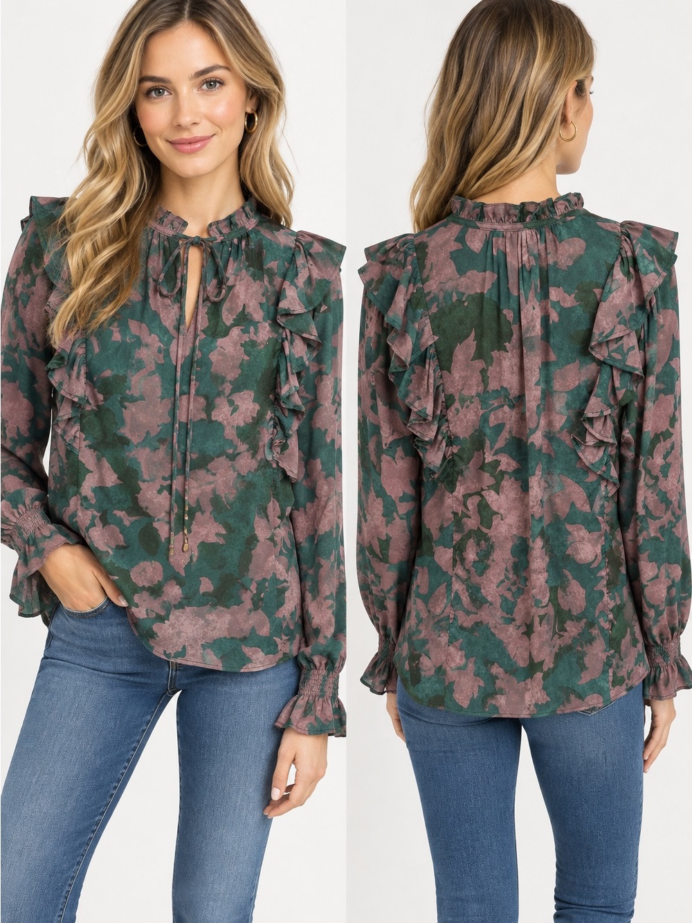 Fab’rik Floral Ruffle Blouse Mauve Green Boho Long Sleeve Tie Neck